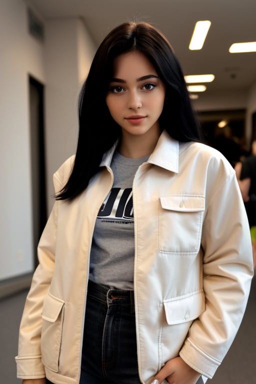 creates a real 21-year-old girl, 1.70 tall, Brazilian Latina, light eyes, black straight hair, looking deeply into the camera, (rendom jacket),( Full jins), ( rendom t-shirts, different light effect, , on the floor pose,