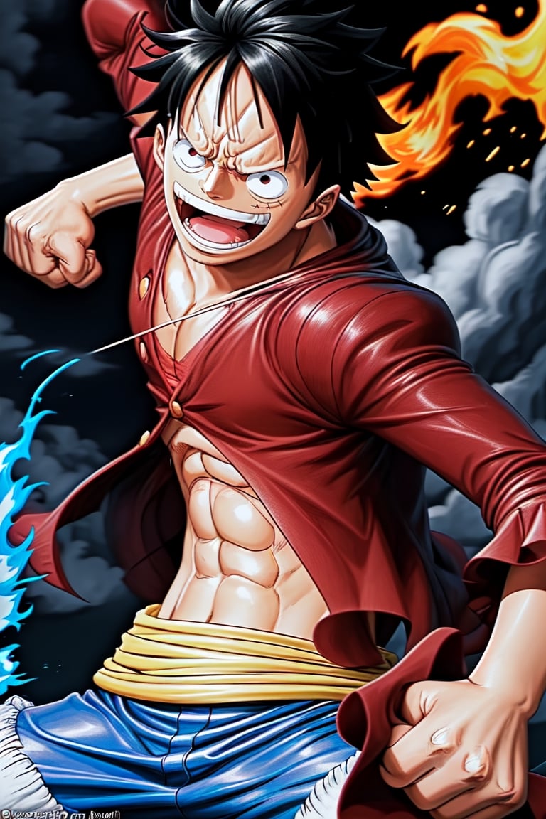 Absolutely, here's a prompt that encapsulates Monkey D. Luffy from One Piece and his signature move, the Red Hawk Punch:

"Describe Monkey D. Luffy, the protagonist of One Piece, a young and adventurous pirate with a personality as vibrant as his trademark straw hat. He possesses an infectious enthusiasm for life, a boundless energy that drives him toward his dream of becoming the Pirate King. His physical appearance is defined by his lean yet muscular build, his wide smile, and a pair of intense, determined eyes that reflect his indomitable spirit.

Highlight Luffy's distinct ability known as 'Haki,' which he channels into his powerful attacks. His Red Hawk Punch is a manifestation of this power—an awe-inspiring technique where he ignites his fist with fiery intensity before delivering a devastating blow. Describe the scene as he winds up for the punch, his arm enveloped in crackling flames, the air around him seemingly igniting with anticipation.

Illustrate the impact of the Red Hawk Punch—a burst of fiery energy erupting upon contact, engulfing his target in a blaze as the force behind the strike is unleashed. Capture the intensity of the moment—the flames roaring as the punch connects, the sheer power leaving spectators in awe.

Delve into the emotions and thoughts that drive Luffy to utilize this technique—his determination, his will to protect his friends, and his unyielding resolve in the face of adversity. Show how this move not only demonstrates his strength but also his unwavering commitment to achieving his goals."