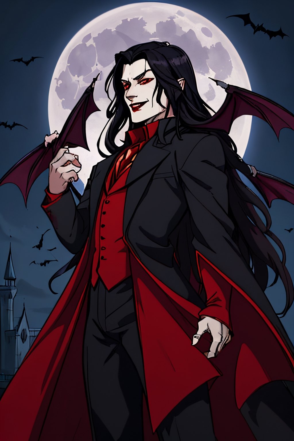 Imagine, a vampire, with long dark black hair, red eyes, red lips with blood, and a smile on his face, under a blue moon, standing in front of his castle, many bats are flying in the background, high detailed result. make it realistic,