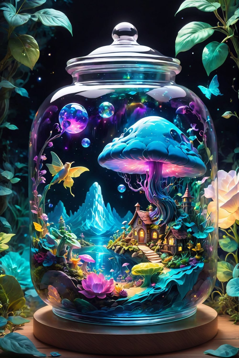 A jar encapsulating a fantastical realm, high saturation, vibrant hues of an enchanting landscape contained within glass, floating islands, mythical creatures visible through the transparency, twinkle of magical elements, depth illusion gradient, ambient occlusion for a tactile feel, pixel-perfect illumination, ultrafine details, nostalgic aesthetic.
