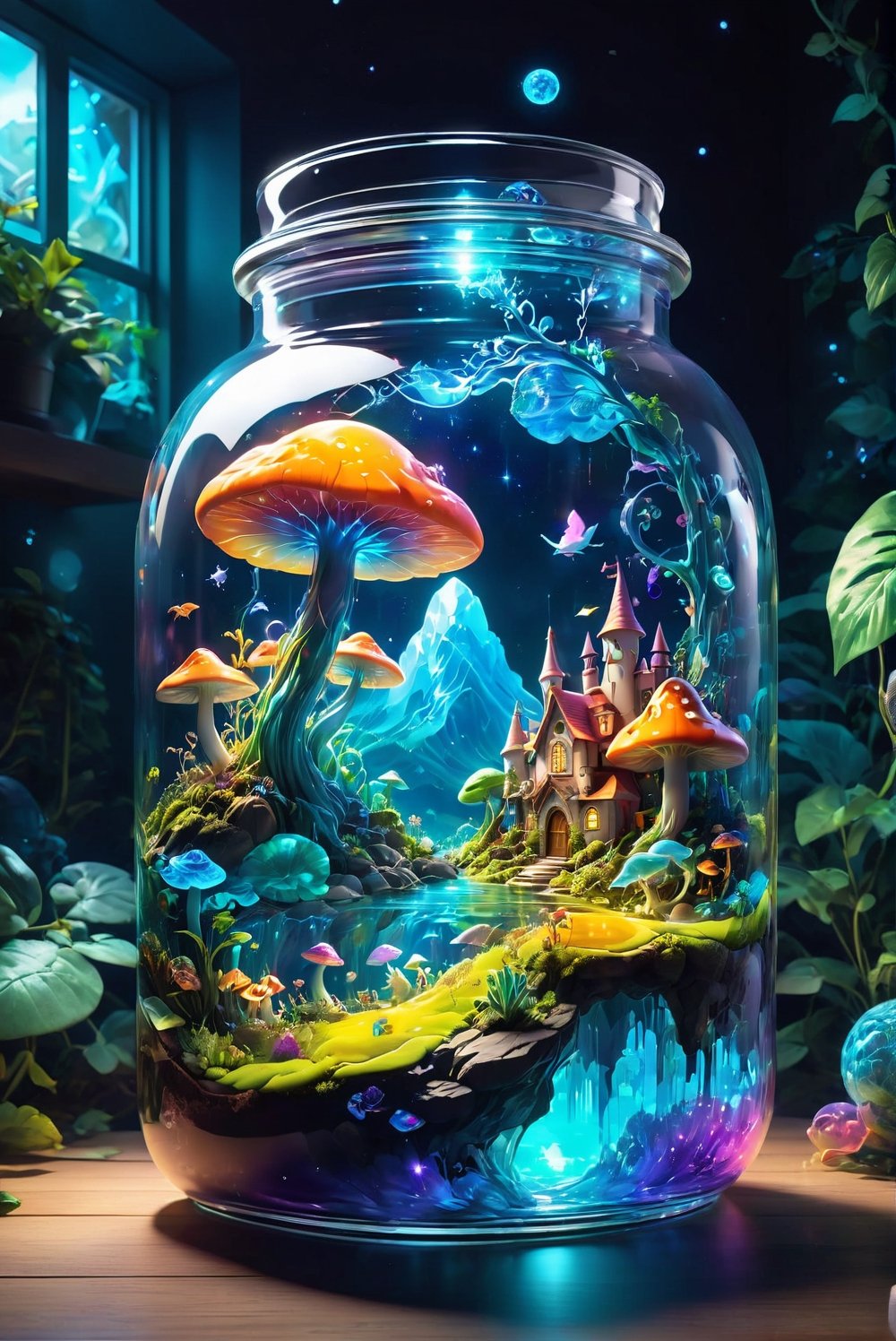 A jar encapsulating a fantastical realm, high saturation, vibrant hues of an enchanting landscape contained within glass, floating islands, mythical creatures visible through the transparency, twinkle of magical elements, depth illusion gradient, ambient occlusion for a tactile feel, pixel-perfect illumination, ultrafine details, nostalgic aesthetic.
