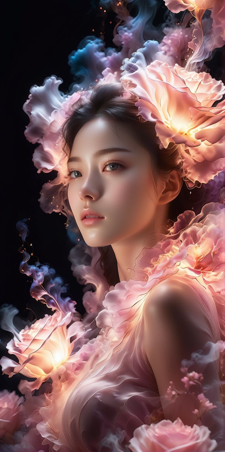 Ultra detailed Ultra realistic portrait of a ghost-like form of beautiful woman surrounded by steam , backlit, smoky,  work of beauty and complexity, 8kUHD,  flowy 
translucent,  work of beauty and awe, steamy, backlit, alberto seveso style, close-up , iridescent glow,  pink flowers blowing with the wind 