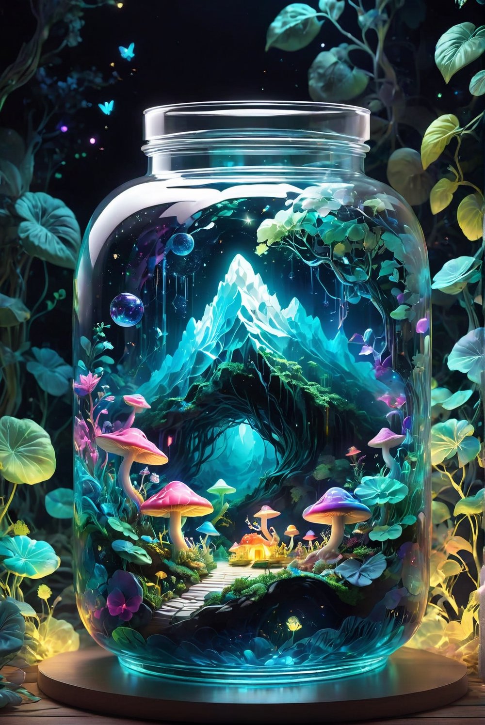 A jar encapsulating a fantastical realm, high saturation, vibrant hues of an enchanting landscape contained within glass, floating islands, mythical creatures visible through the transparency, twinkle of magical elements, depth illusion gradient, ambient occlusion for a tactile feel, pixel-perfect illumination, ultrafine details, nostalgic aesthetic.
