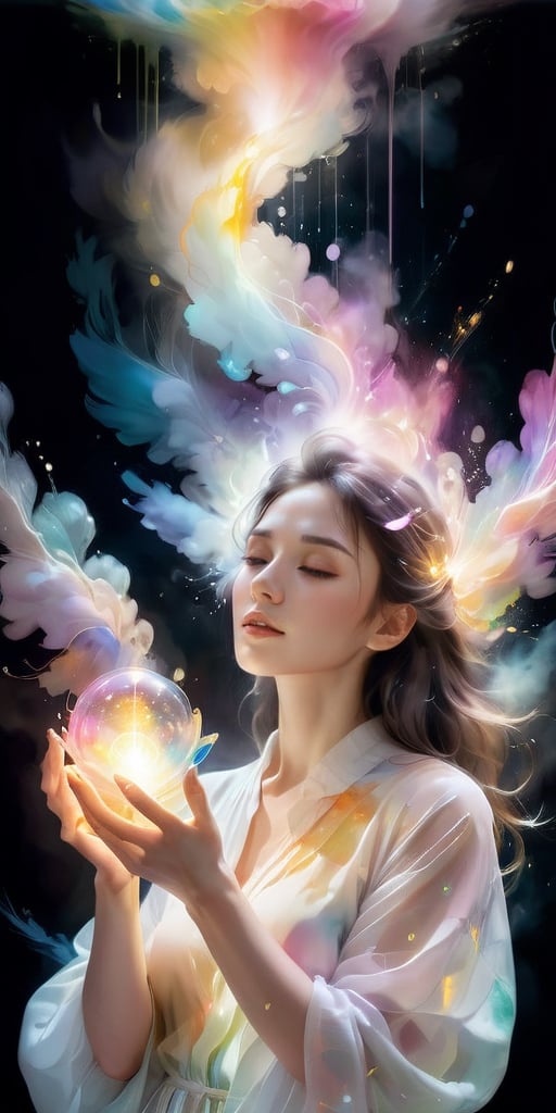 A woman with her hands holding a glowing light in her hands, ethereal, on a white background, with watercolor splatter, an interplay of pastel hues and rainbow colors, with a double exposure effect, golden rays emanating from the center, a soft glow, a mysterious aura, ethereally beautiful, with soft edges, delicate details, a celestial energy radiance, whimsical, a surreal atmosphere, dreamy, with watercolor splashes in the style of Yoji Shinkawa and colorful pastel tones in the style of Greg Rutkowski, with detailed light effects, dreamy and ethereal, with delicate brushstrokes, high quality, high resolution, high detail