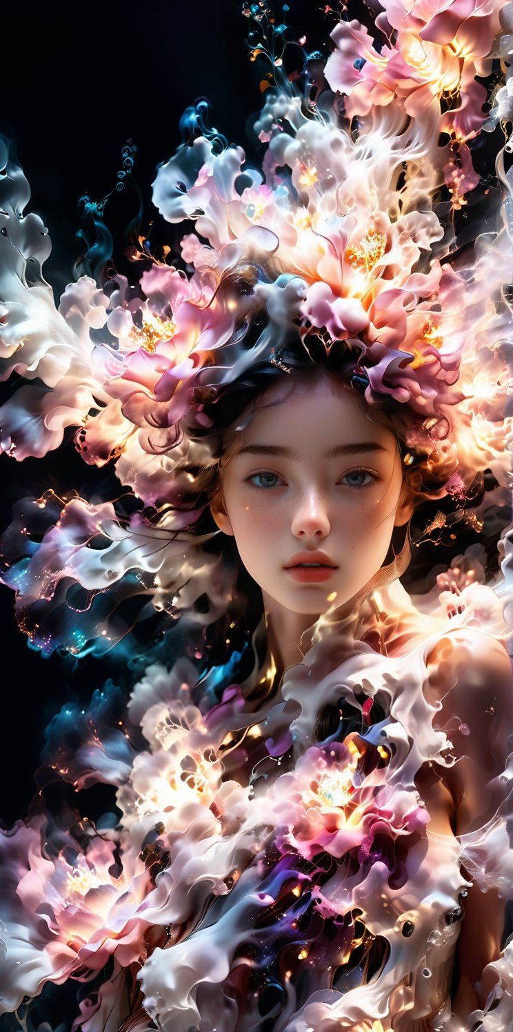 Ultra detailed Ultra realistic portrait of a ghost-like form of beautiful woman surrounded by steam , backlit, smoky,  work of beauty and complexity, 8kUHD,  flowy 
translucent,  work of beauty and awe, steamy, backlit, alberto seveso style, close-up , iridescent glow,  pink flowers blowing with the wind 