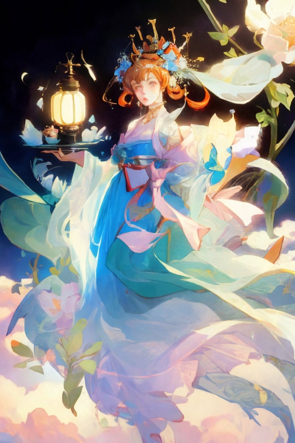 raw photo, half body shot, waist up to head, extremely beautiful 18 years old caucasian woman with ginger hair, chinese goddess on a cloud, Hecate, (((her head is fully visible))), (((distant shot))), ((unzoom)), in an intricate fluttering pastel orange-blue hanfu, a beautiful decoration on her head, detailed face, detailed skin, holdig an ancient chinese sword, art by Alphonse Mucha, front, background magical garden in chinese heaven, cover, unzoom, choker, hyperdetailed painting, luminism, Bar lighting, complex, 4k resolution concept art portrait by Greg Rutkowski, Artgerm, WLOP, Alphonse Mucha, little fusion pojatti realistic goth, fractal isometrics details bioluminescens : a stunning realistic photograph 30 years, use Alchemy beta 2D image pipeline from Leonardo.Ai to enhance the image, prompt magic,1 girl,yoimiyadef,weapon, mandala, zentangle,Blender,kamisato_ayaka