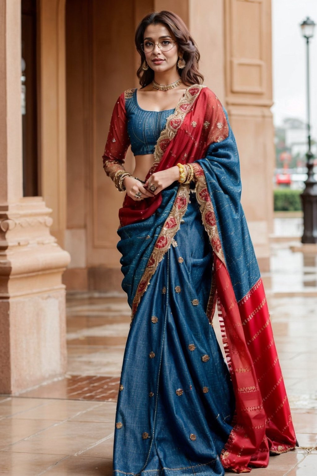 1girl, solo_focus, a ultra real full body shot photo of 28 years old New Delhi Actress, with long brown hair and intricate details of her perfect face. Her dress ((a dark red colored saree, a denim jacket, a long denim skirt)), perfect eyes, wearing ((high heels brown long heels)), her skin complexion is very fair, outdoors, buildings, walking, road traffic, real-world location, Indian,Woman, eyeglass real, look in camera, shopping in a mall,indian_bride