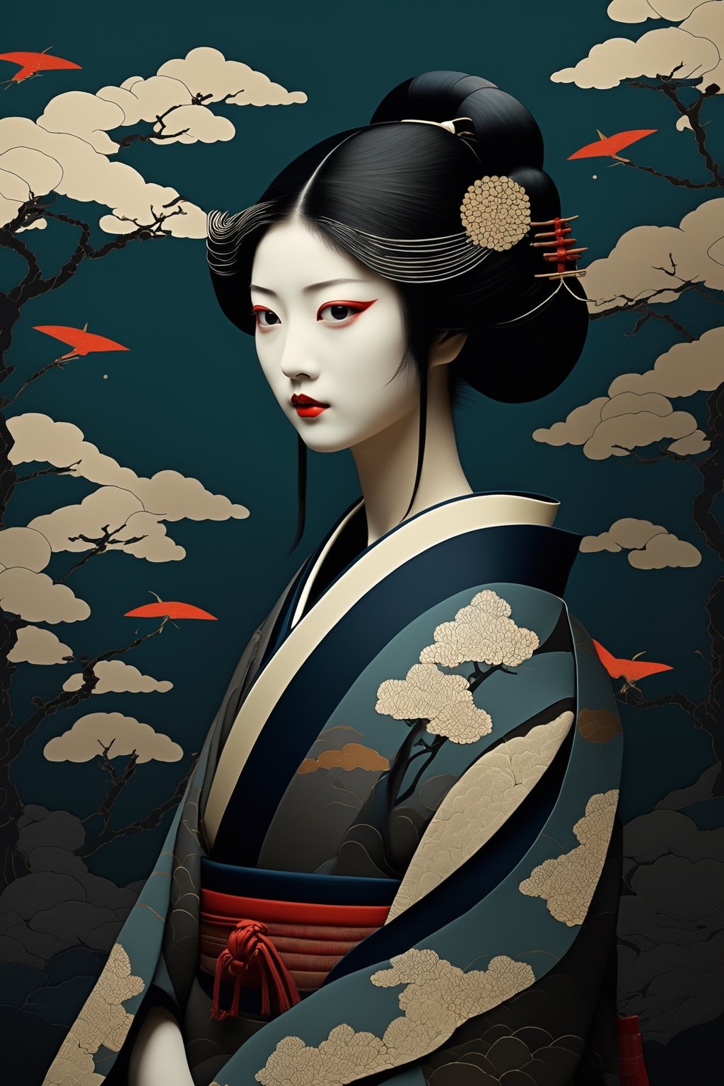 masterpiece, best quality, aesthetic , japanese ukiyo - e,
1girl, dark theme, gothic, abstract background,