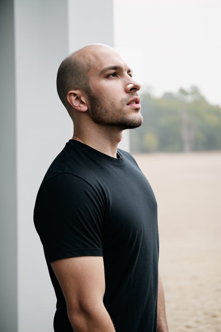 face photo, 28 y.o man John, bald, wearing black shirt, standing, looks away, natural skin, daylight, (cinematic, film grain:1.1)