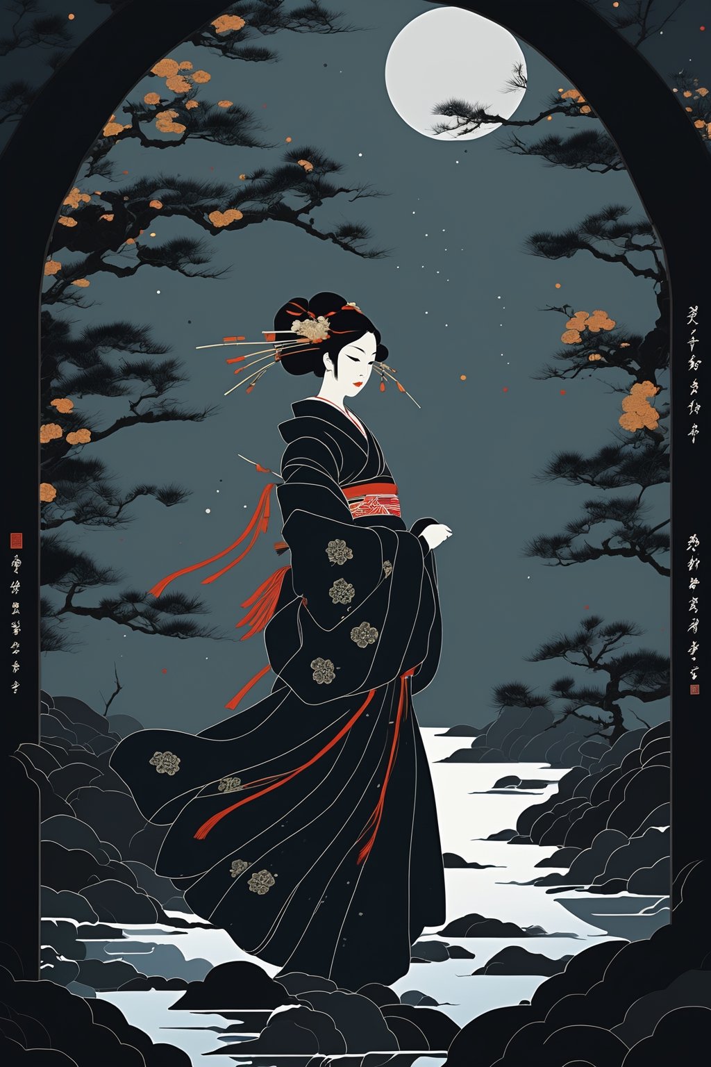 masterpiece, best quality, aesthetic , japanese ukiyo - e,
1girl, dark theme, gothic, abstract background,