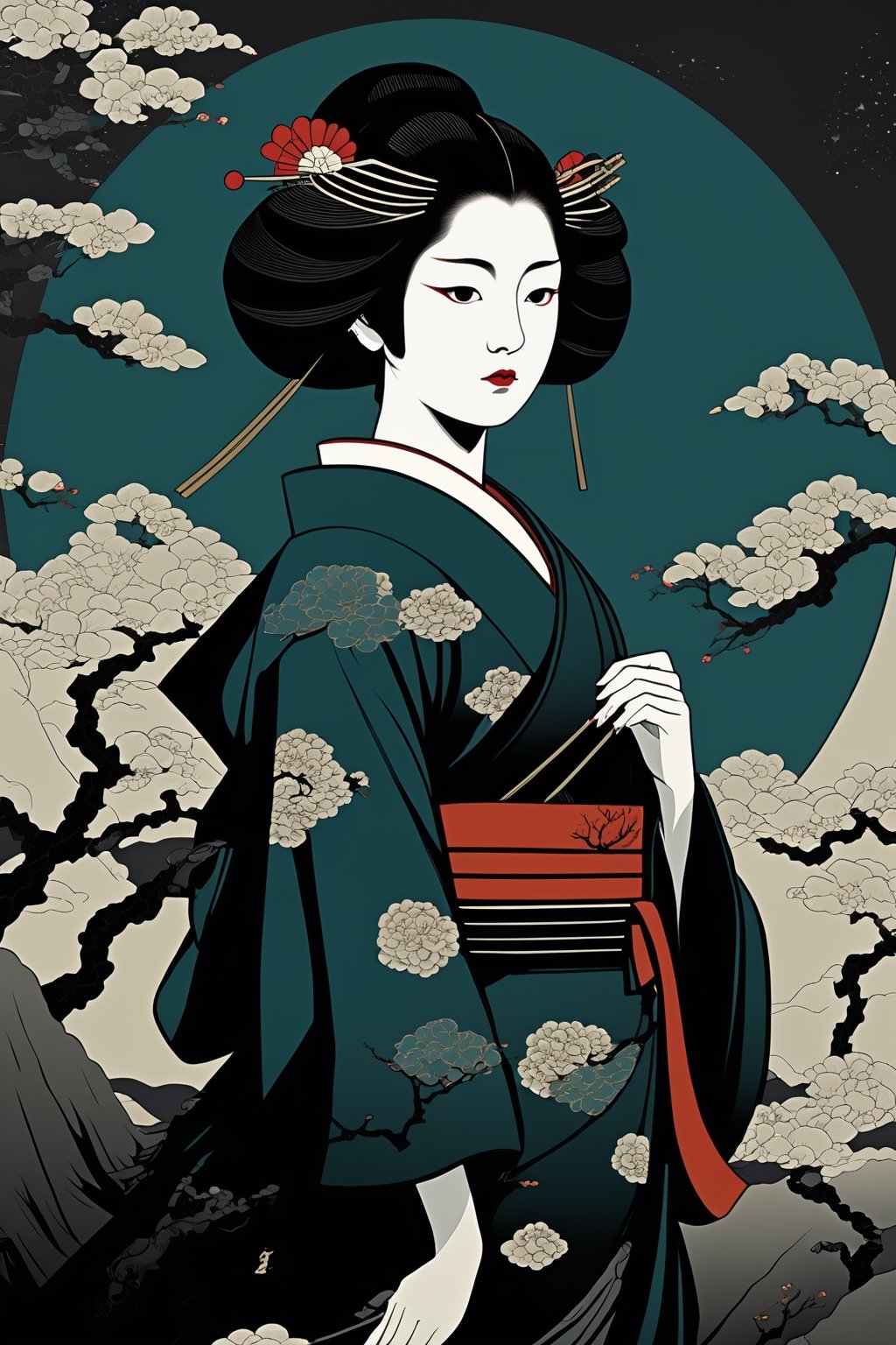 masterpiece, best quality, aesthetic , japanese ukiyo - e,
1girl, dark theme, gothic, abstract background,