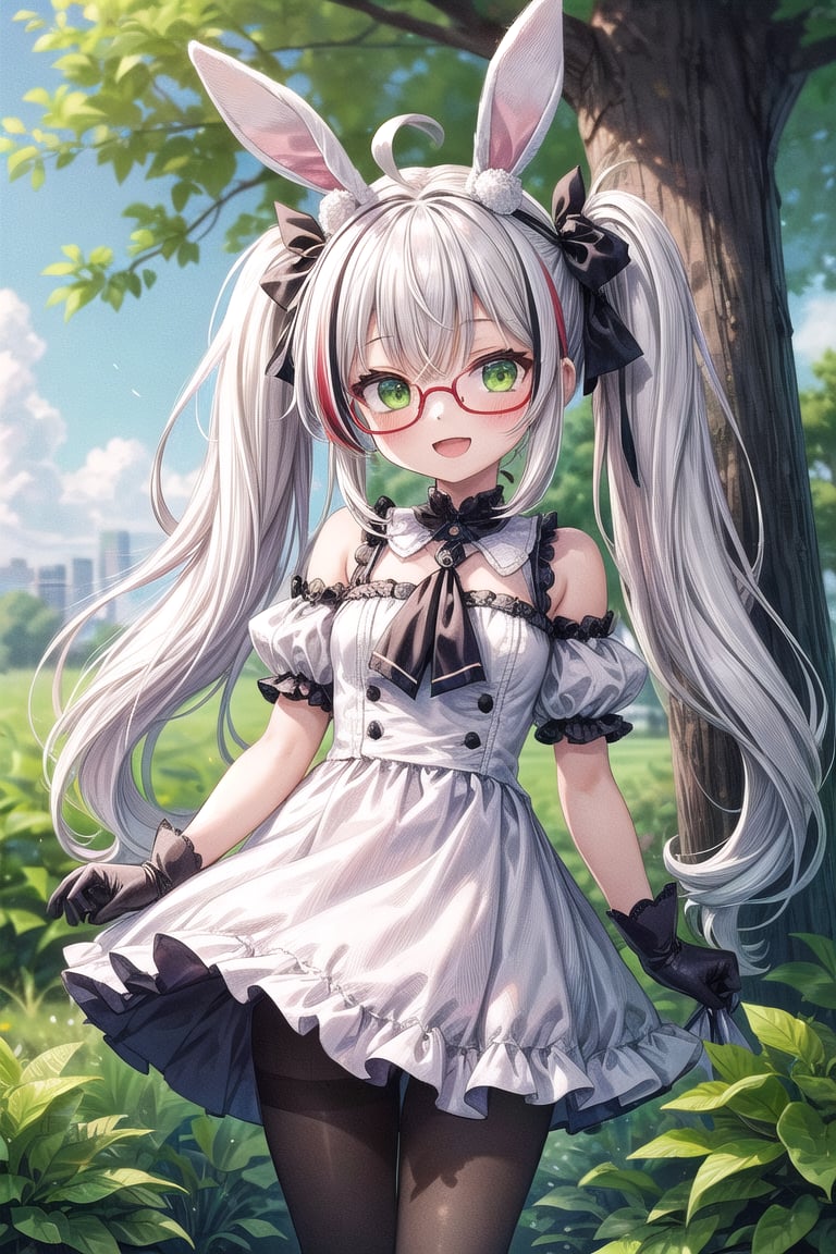 1girl, solo, smile, open mouth, gloves, dress, twintails, green eyes, ahoge, pantyhose, white hair, glasses, chibi, streaked hair,TechTensai,portrait, plant, tree, bush, white bunny headband