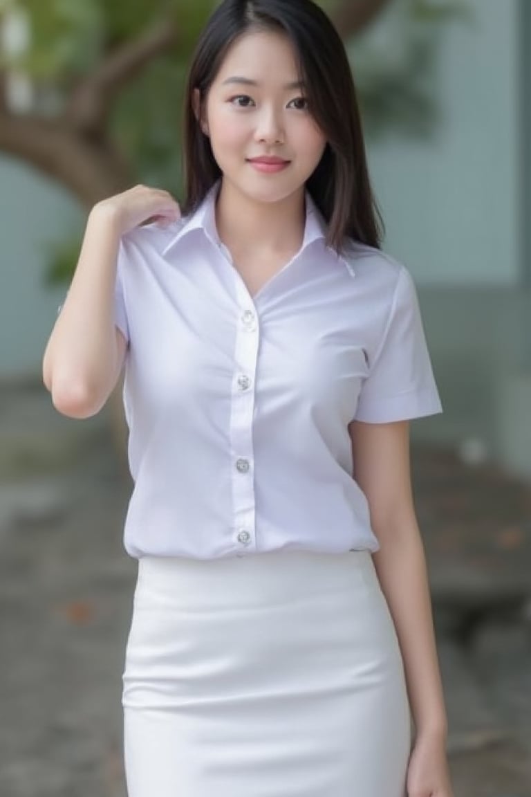 A high-resolution photograph taken with a Canon camera of a 30-year-old half-Thai, half-chinese woman with radiant fair skin. She is wearing  white universit thai uniform ,hight deteiled,smile,cute skin,full body