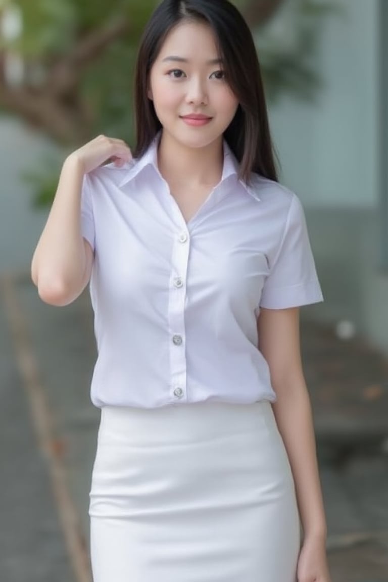 A high-resolution photograph taken with a Canon camera of a 30-year-old half-Thai, half-chinese woman with radiant fair skin. She is wearing  white universit thai uniform ,hight deteiled,smile,cute skin,full body