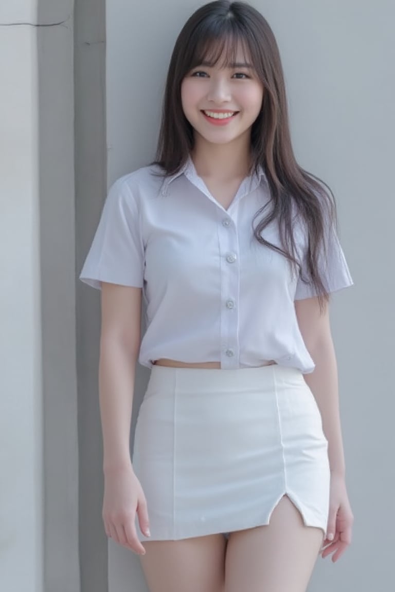 A high-resolution photograph taken with a Canon camera of a 30-year-old half-Thai, half-chinese woman with radiant fair skin. She is wearing  white universit thai uniform ,hight deteiled,smile,cute skin