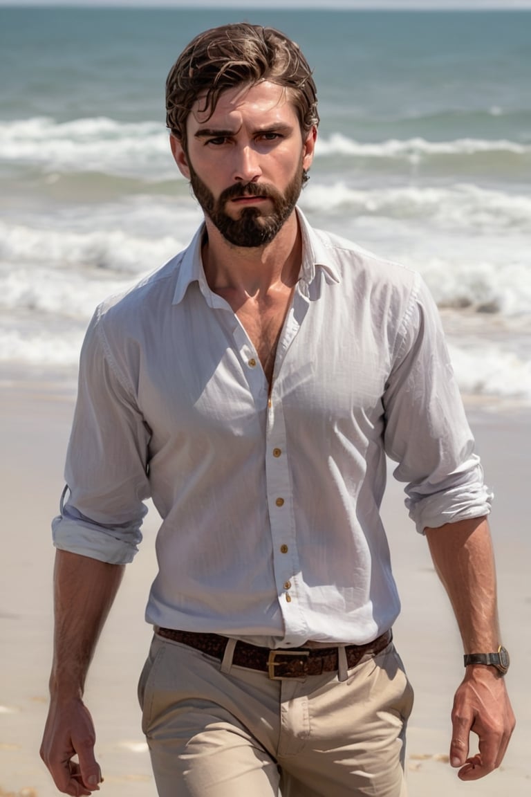 Illustrate A man, Depth and Dimension in the Pupils, Hunter eyes,(beard:1.5), nose is slim and Brown hair, with intricate details, walking on the beach confidently , his posture exuding strength and determination. Clothed in a shirt and pants, modern ensemble, Consider incorporating a subtle background that complements the tone.