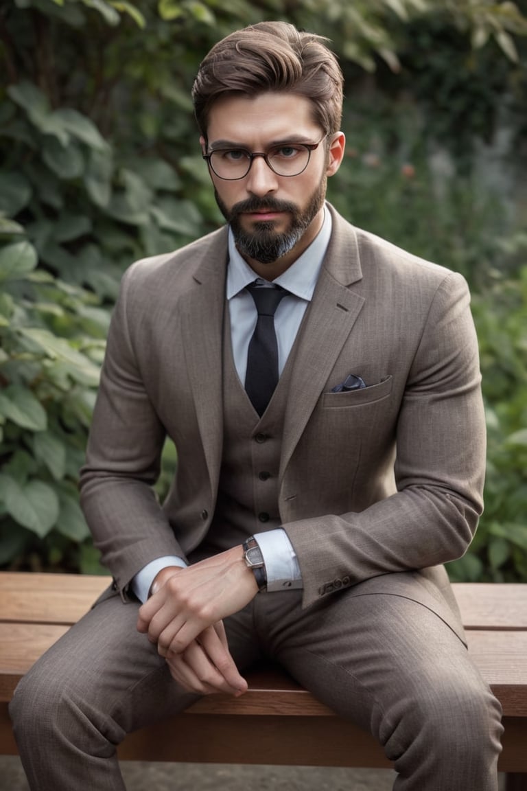 Illustrate A man, Depth and Dimension in the Pupils, Hunter eyes, beard:1.5, nose is slim and Brown hair, with intricate details, his body is confidentiality stable like a man, his posture exuding strength and determination. Clothed in a sleek, modern ensemble, wearing glasses, sitting on the bench of the garden 