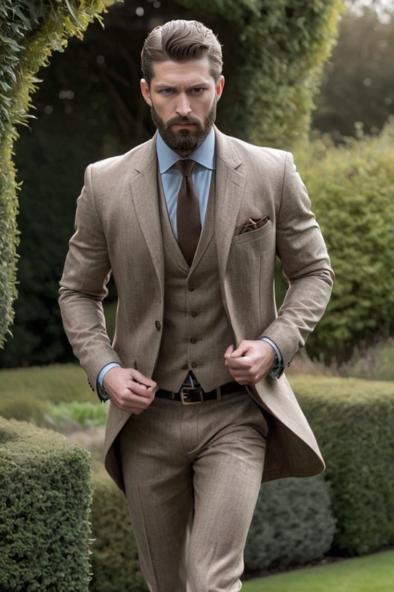 Illustrate A man, Depth and Dimension in the Pupils, Hunter eyes,(beard:1.5), nose is slim and Brown hair, with intricate details, walking confidently, his posture exuding strength and determination. Clothed in a sleek, modern ensemble, Consider incorporating a subtle background that complements the tone, in the garden