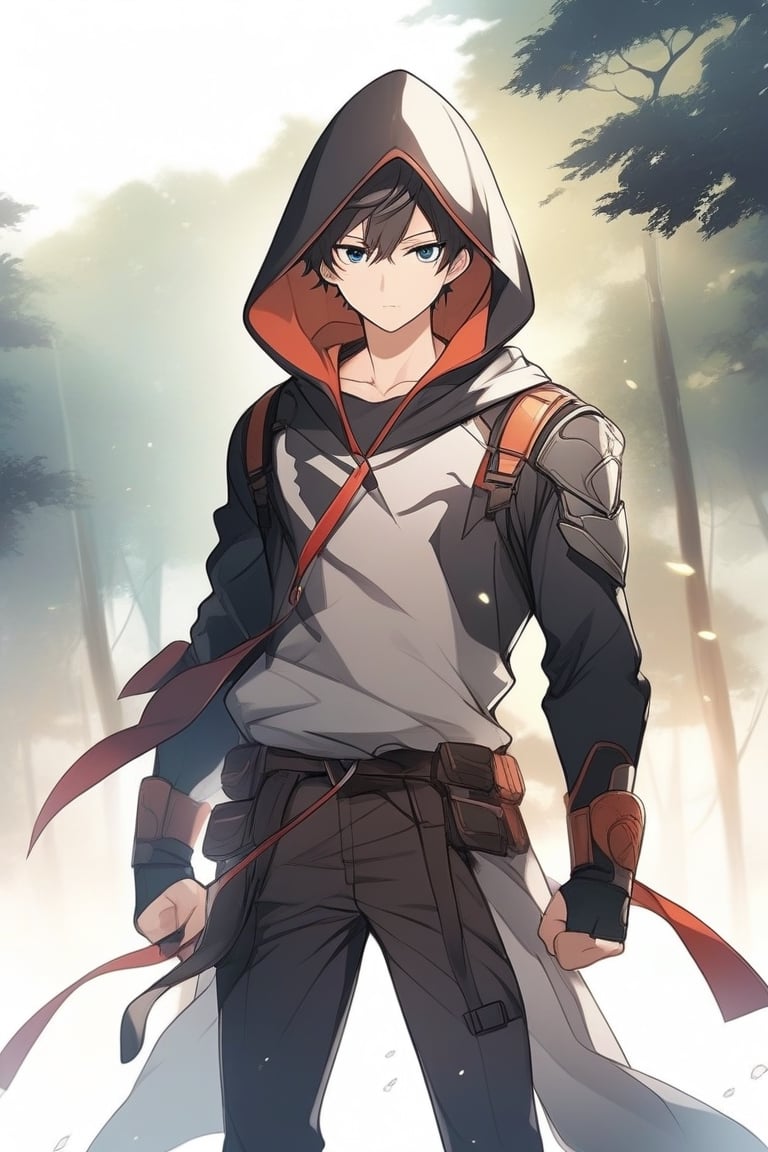 Anime, a boy heroic and dangerous looks, wearing hood, standing straight, natural background 



