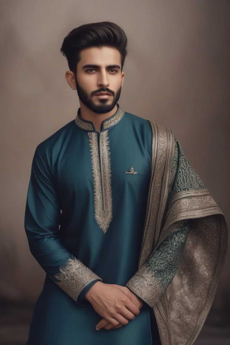 Beautiful men wearing a Pakistani clothes ,analog photograph, professional fashion photoshoot, hyperrealistic, masterpiece, trending on artstation,krrrsty