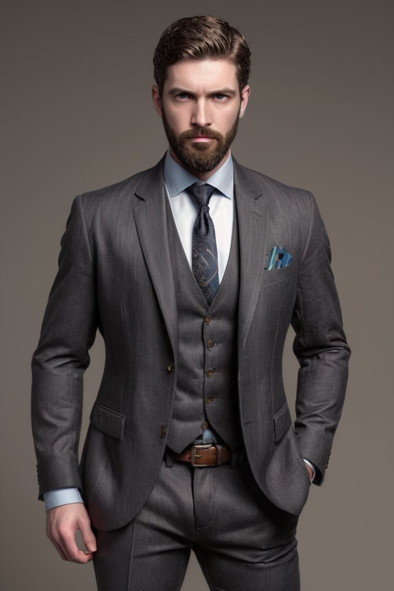 Illustrate A man, Depth and Dimension in the Pupils, Hunter eyes,(beard:1.5), nose is slim and Brown hair, with intricate details, Standing confidently, his posture exuding strength and determination. Hands in pockets. Clothed in a sleek, modern ensemble, Consider incorporating a subtle background that complements the tone,