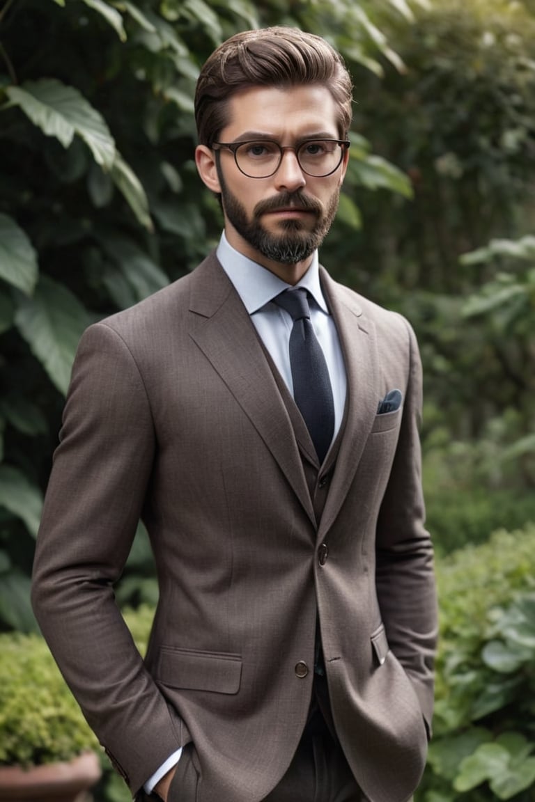 Illustrate A man, Depth and Dimension in the Pupils, Hunter eyes, beard:1.5, nose is slim and Brown hair, with intricate details, his body is confidentiality stable like a man, his posture exuding strength and determination. Clothed in a sleek, modern ensemble, wearing glasses, walk in the garden 