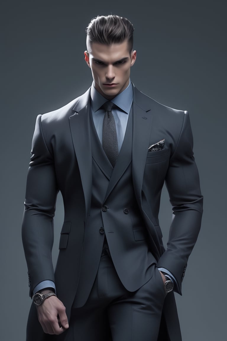  a man standing confidently, his posture exuding strength and determination. Clothed in a sleek, modern ensemble, Consider incorporating a subtle background that complements the tone, whether it be an urban landscape.