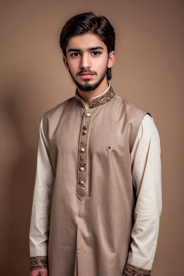 18 years old beautiful boy wearing the Pakistani clothes, , Depth and Dimension in the Pupils, Hunter eyes,(beard:1.5), nose is slim and Brown hair, with intricate details, Standing confidently, his posture exuding strength and determination. Clothed in a sleek, modern ensemble, Consider incorporating a subtle background that complements the tone,