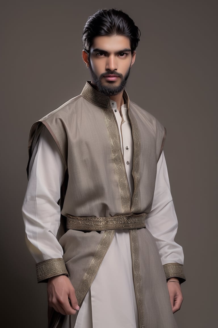 18 years old beautiful boy wearing the Pakistani clothes, , Depth and Dimension in the Pupils, Hunter eyes,(beard:1.5), nose is slim and Brown hair, with intricate details, Standing confidently, his posture exuding strength and determination. Clothed in a sleek, modern ensemble, Consider incorporating a subtle background that complements the tone,