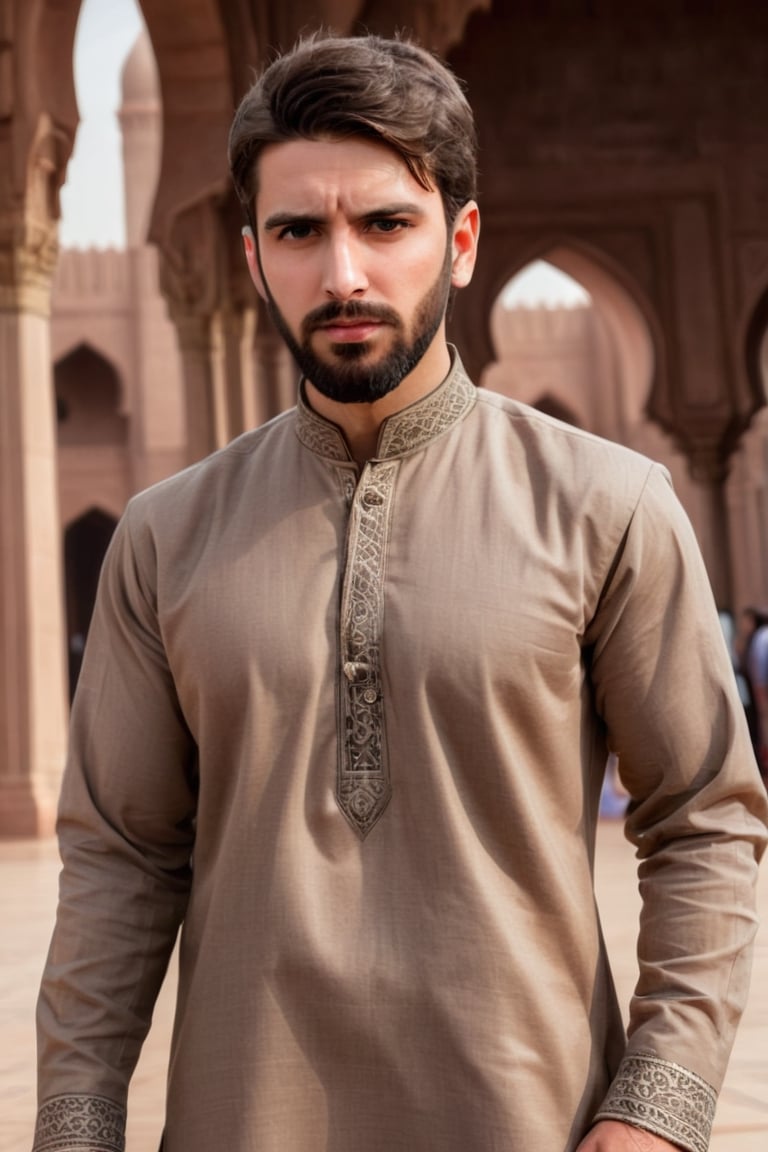 Illustrate A man, Depth and Dimension in the Pupils, Hunter eyes,(beard:1.5), nose is slim and Brown hair, with intricate details, standing in front of mosque confidently, his posture exuding strength and determination. Clothed in a shalwar kameez, modern ensemble, Consider incorporating a subtle background that complements the tone,