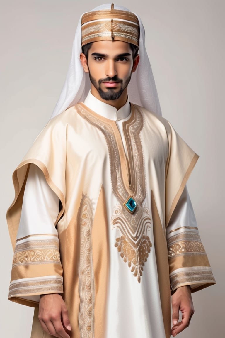 16years old beautiful boy wearing a luxurious Middle Eastern thobe, ,Depth and Dimension in the Pupils,So beautiful eyes,(beard:1.5),
Envision the thobe with intricate details, featuring opulent embroidery, rich fabrics, and elaborate patterns, Picture the boy adorned in a palette of vibrant colors, reflecting the elegance and craftsmanship of traditional Middle Eastern attire. Optimize for a visually captivating composition that highlights the exquisite design of the thobe, creating a scene that celebrates the beauty of cultural richness,