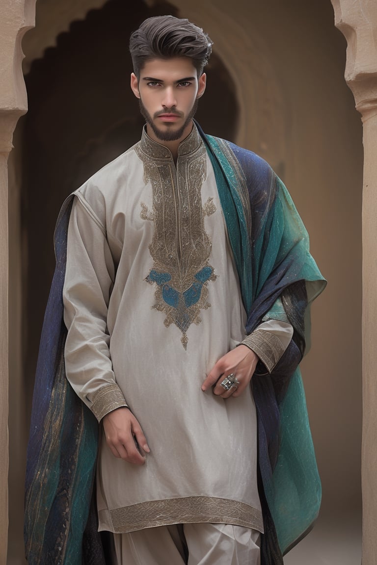 18 years old beautiful boy wearing a Pakistani clothes, ,Depth and Dimension in the Pupils, Hunter eyes,(beard:1.5), nose is slim, with intricate details, Classic Pakistani clothing typically includes traditional garments like the shalwar kameez for both men and women. For men, this consists of loose-fitting trousers (shalwar) paired with a long tunic (kameez) Picture the boy adorned in a palette of vibrant colors, reflecting the elegance. Optimize for a visually captivating composition that highlights the exquisite design of the thobe, creating a scene that celebrates the beauty of cultural richness,hands are veiny, background is realistic.