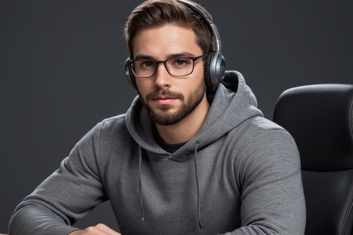 Illustrate A man, Depth and Dimension in the Pupils, Hunter eyes, beard:1.5, nose is slim and Brown hair, with intricate details and a face is straight forward, his body is confidentiality stable like a man, his posture exuding strength and determination, clothes in a grey hoodie, wearing glasses, face mask and headphones, sitting on the chair behind the office table, studio is dark, cup of coffee is on the table, mic is the on table, folding their arms on the table 
