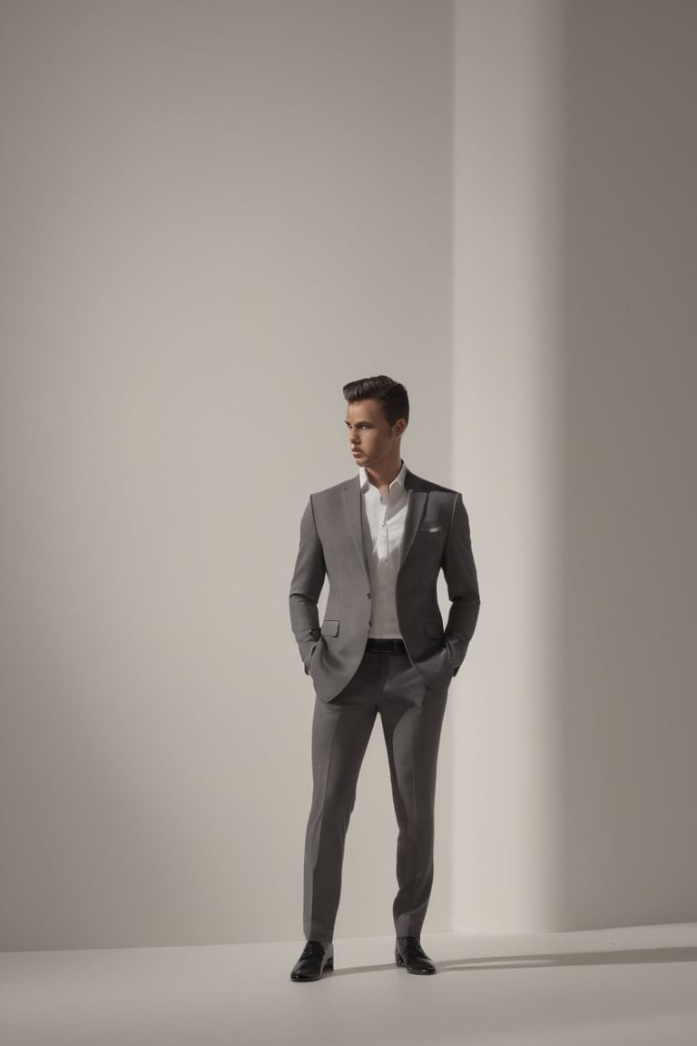 Illustrate a man standing confidently, his posture exuding strength and determination. Clothed in a sleek, modern ensemble, the play of light and shadow highlights the contours of his physique. Consider incorporating a subtle background that complements the tone, whether it be an urban landscape or a minimalist setting.