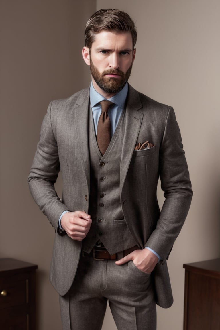 Illustrate A man, Depth and Dimension in the Pupils, Hunter eyes,(beard:1.5), nose is slim and Brown hair, with intricate details, Standing in home confidently, his posture exuding strength and determination. Hands in pockets. Clothed in a sleek, modern ensemble, Consider incorporating a subtle background that complements the tone,