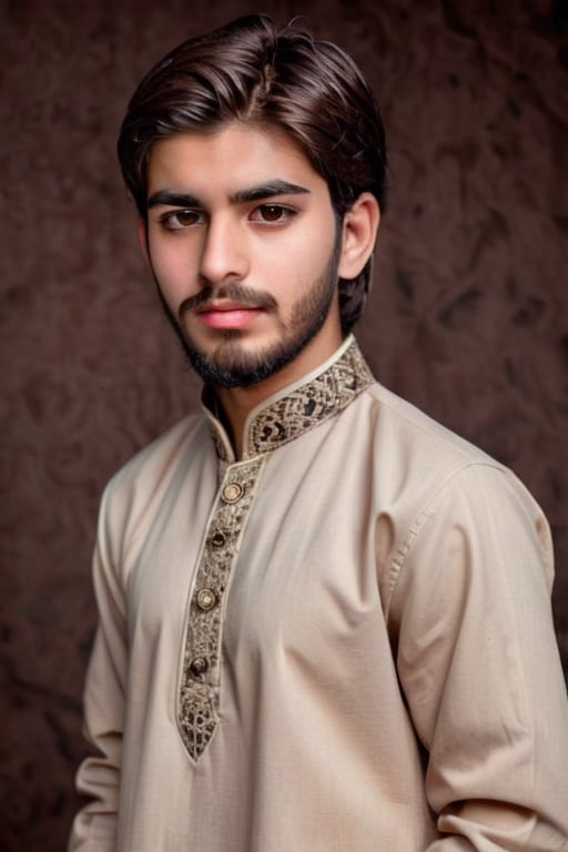 18 years old beautiful boy wearing the Pakistani clothes, , Depth and Dimension in the Pupils, Hunter eyes,(beard:1.5), nose is slim and Brown hair, with intricate details, Standing confidently, his posture exuding strength and determination. Clothed in a sleek, modern ensemble, Consider incorporating a subtle background that complements the tone,