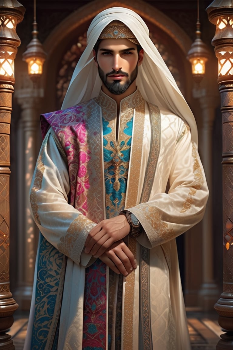 16years old beautiful boy wearing a luxurious Middle Eastern thobe, ,Depth and Dimension in the Pupils,So beautiful eyes,(beard:1.5),
Envision the thobe with intricate details, featuring opulent embroidery, rich fabrics, and elaborate patterns, Picture the boy adorned in a palette of vibrant colors, reflecting the elegance and craftsmanship of traditional Middle Eastern attire. Optimize for a visually captivating composition that highlights the exquisite design of the thobe, creating a scene that celebrates the beauty of cultural richness,