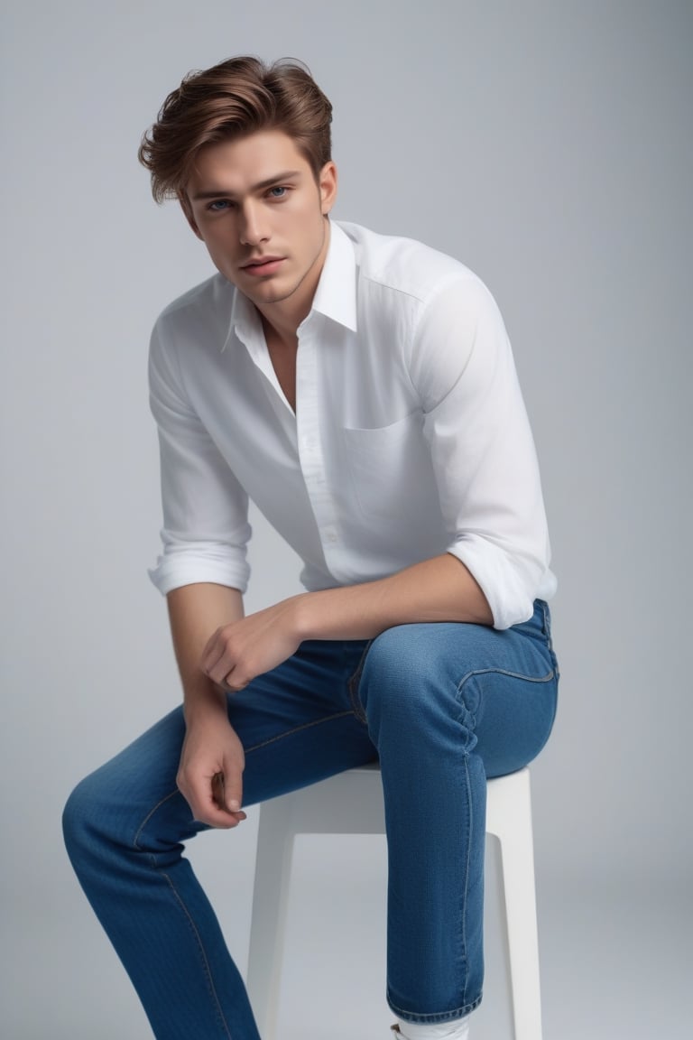 Beautiful men blue jeans on bottom and white shirt on top,analog photograph, professional fashion photoshoot, hyperrealistic, masterpiece, trending on artstation,krrrsty