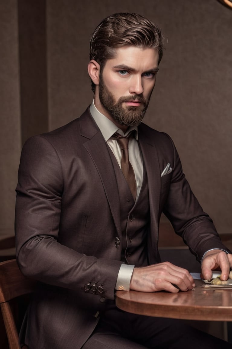 Illustrate A man, Depth and Dimension in the Pupils, Hunter eyes,(beard:1.5), nose is slim and Brown hair, with intricate details, sitting in the restaurant, his posture exuding strength and determination. Clothed in a sleek, modern ensemble, Consider incorporating a subtle background that complements the tone.