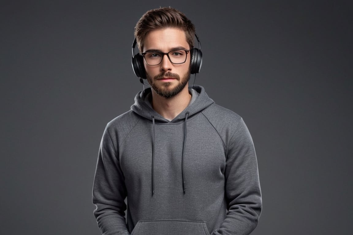 Illustrate A man, Depth and Dimension in the Pupils, Hunter eyes, beard:1.5, nose is slim and Brown hair, with intricate details and a face is straight forward, his body is confidentiality stable like a man, his posture exuding strength and determination, clothes in a grey hoodie, wearing glasses, face mask and headphones,full_body picture, sitting on the chair behind the office table, studio is dark, cup of coffee is on the table, mic is the on table, folding their arms on the table 
