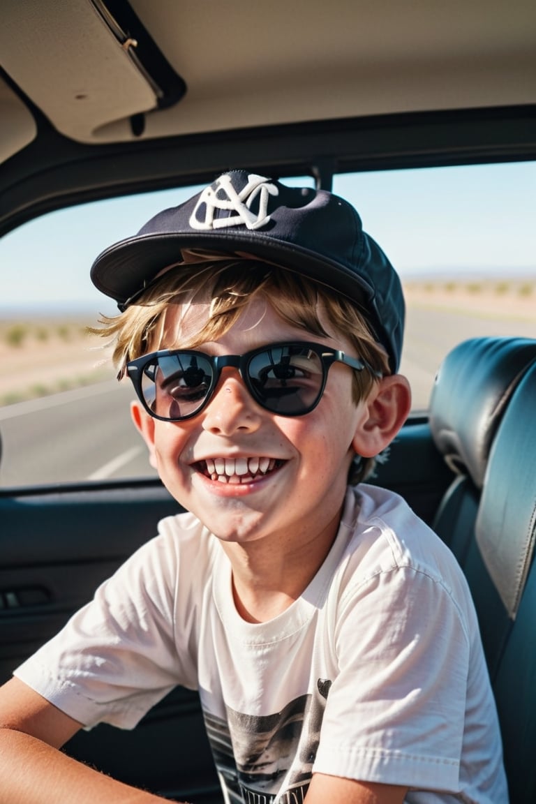 A young boy, around 8-10 years old, sitting in the driver's seat with a big smile on his face. He's wearing a backwards baseball cap and sunglasses, and his hair is tousled by the wind.The car's interior is clean and well-maintained, with leather seats and a wooden dashboard. The overall mood should be one of carefree childhood adventure. The boy is full of imagination and excitement, and the open road stretches out before him with endless possibilities