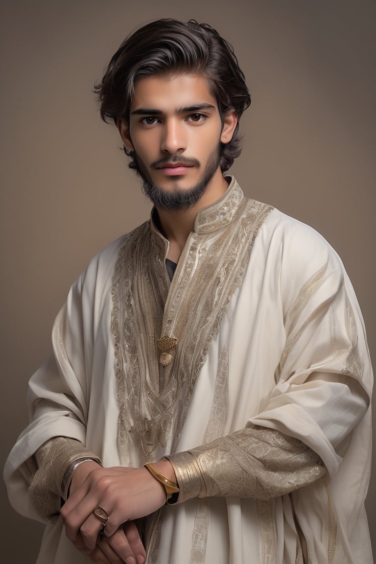 18 years old beautiful boy wearing a Pakistani clothes, ,Depth and Dimension in the Pupils,So beautiful eyes,(beard:1.5),Envision the thobe with intricate details, Classic Pakistani clothing typically includes traditional garments like the shalwar kameez for both men and women. For men, this consists of loose-fitting trousers (shalwar) paired with a long tunic (kameez) Picture the boy adorned in a palette of vibrant colors, reflecting the elegance and craftsmanship of traditional Middle Eastern attire. Optimize for a visually captivating composition that highlights the exquisite design of the thobe, creating a scene that celebrates the beauty of cultural richness,hands are veiny, background is realistic.