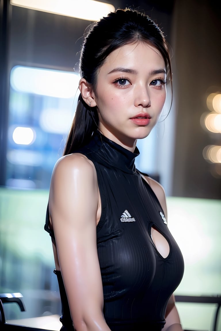 A girl, wearing a gray pullover vest and a black sneak suit (mesh), close-up, dark lights, grain film, realistic skin, realistic lights, light and shadow intertwined,