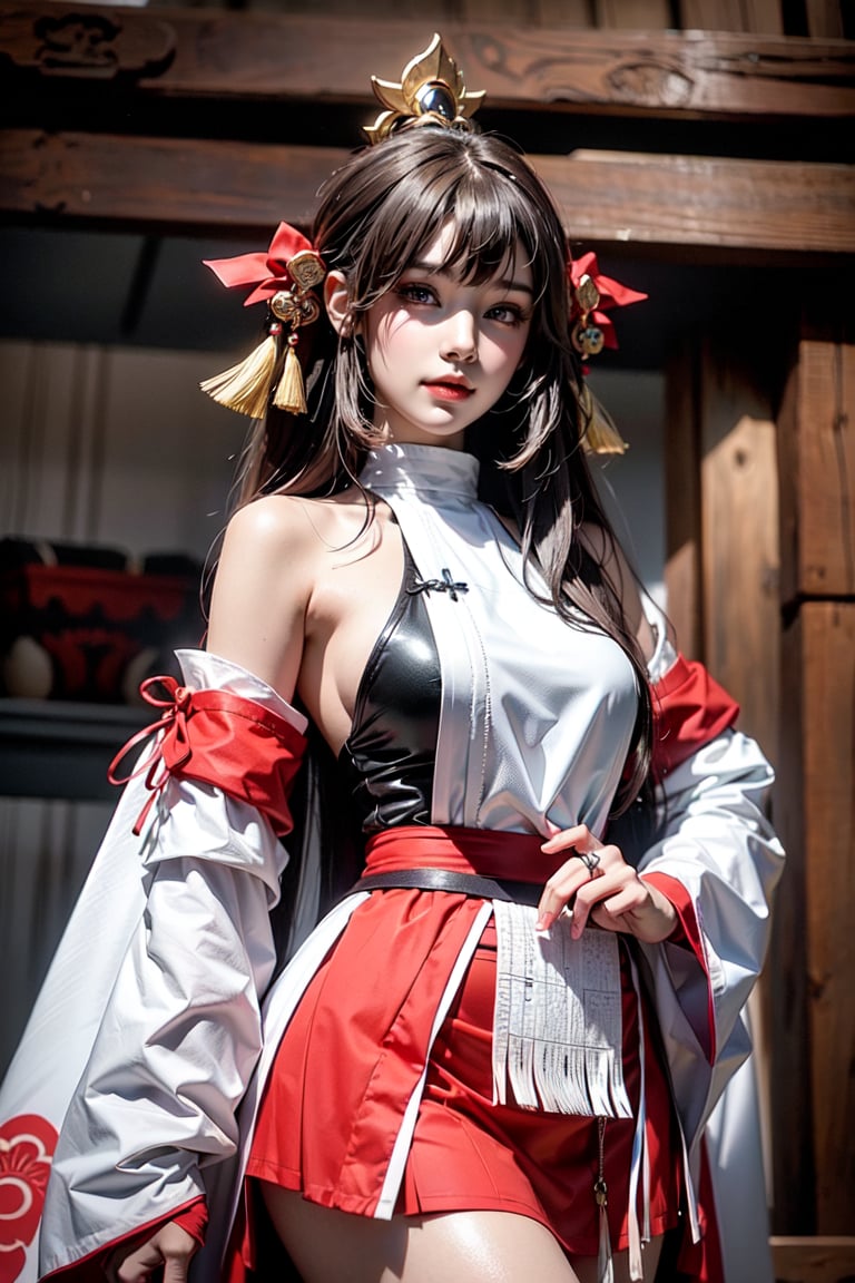 (airy photo: 1.4), (Overexposure: 1.2), shallow depth of field, 1 person, female, 17 years old, perfect anatomy, perfect proportions, perfect face, mysterious and cute beautiful girl, delicate face, brown hair, long straight hair, (parting, bangs: 1.45), shrine maiden outfit, red skirt, dynamic pose, conceptual art, realism, Godley, cinematic lighting, black and white photography, Yae Miko,