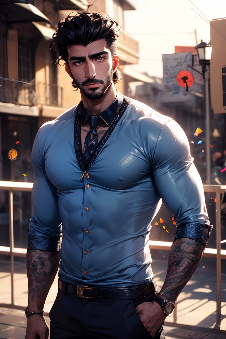 best quality, masterpiece,	(Handsome Arab guy, 30year old:1.5),	(Party theme:1.4), Dancing star costume,	(body covered in words, words on body:0, tattoos of (words) on body:0), (a fine beard:1.1),	(a casual look:1.4),	16K, (HDR:1.4), high contrast, bokeh:1.2, lens flare,	head to thigh portrait,	beautiful and aesthetic, vibrant color, Exquisite details and textures, cold tone, ultra realistic illustration,siena natural ratio, anime style, 	Straight black hair,	a crisp white shirt, dark blue tie and a suit pants,	ultra hd, realistic, vivid colors, highly detailed, UHD drawing, perfect composition, ultra hd, 8k, he has an inner glow, stunning, something that even doesn't exist, mythical being, energy, molecular, textures, iridescent and luminescent scales, breathtaking beauty, pure perfection, divine presence, unforgettable, impressive, breathtaking beauty, Volumetric light, auras, rays, vivid colors reflects.