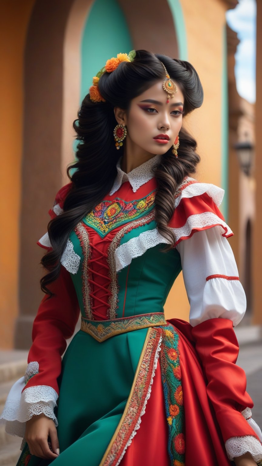 best quality, masterpiece,								
Amidst a vibrant setting that mirrors the lively streets of Mexico, a girl with long wavy black hair captivates the essence of modern Rococo style. Her fashion-forward attire, a contemporary interpretation of military uniforms, is lavishly accessorized, reflecting Mexico's rich cultural heritage and penchant for bold, expressive colors. Against the Mexican-style backdrop, her look is a harmonious blend of tradition and innovation, showcasing the dynamic spirit and creativity of Mexican artistry.
ultra realistic illustration,siena natural ratio, by Ai Pic 3D,	cinematic lighting, ambient lighting, sidelighting, cinematic shot,	Full length view,	Miki Asai Macro photography, close-up, hyper detailed, trending on artstation, sharp focus, studio photo, intricate details, highly detailed, by greg rutkowski