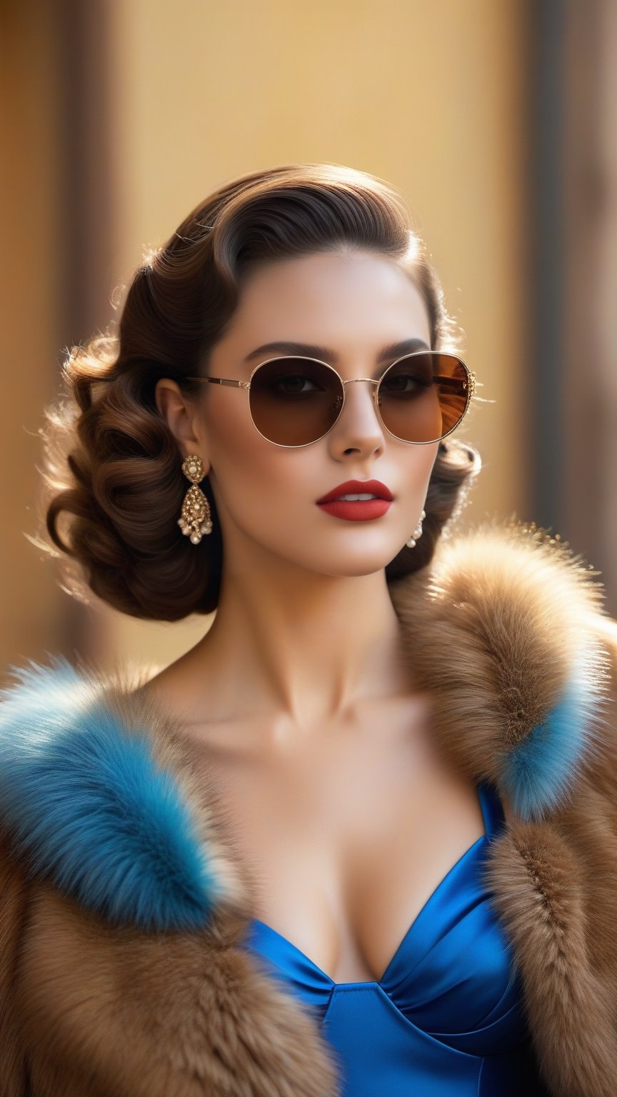 best quality, masterpiece,	
Channeling the allure of a 1930s Hollywood icon, she sports a vibrant blue bikini under a fur-trimmed capelet, her long wavy brown hair and sunglasses adding a contemporary edge to the Rococo-inspired outfit.
Her outfit masterfully merges the extravagant details of Rococo with the iconic, laid-back fashion of the 1930s, highlighting her as a Brazilian beauty who seamlessly blends the grandeur of the past with the playful, trendsetting styles of Hollywood's glamorous era.
ultra realistic illustration, siena natural ratio, ultra hd, realistic, vivid colors, highly detailed, UHD drawing, perfect composition, ultra hd, 8k, he has an inner glow, stunning, something that even doesn't exist, mythical being, energy, molecular, textures, iridescent and luminescent scales, breathtaking beauty, pure perfection, divine presence, unforgettable, impressive, breathtaking beauty, Volumetric light, auras, rays, vivid colors reflects.