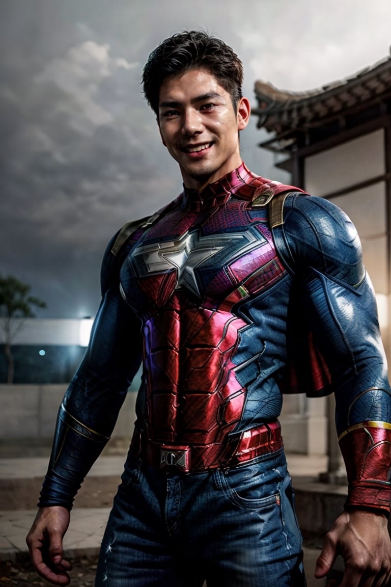 best quality, masterpiece,	(muscular asian guy, 32year old:1.5),	(Marvel theme:1.4), Superman costume,	(body covered in words, words on body:0.5, tattoos of (words) on body:0.5), (a fine beard:0),	(a beautiful smile:1.5),	cinematic lighting, ambient lighting, sidelighting, cinematic shot,	random angles, random poses, 	beautiful and aesthetic, vibrant color, Exquisite details and textures, cold tone, ultra realistic illustration,siena natural ratio, anime style, 	Skinhead style, a fine beard,	black jacket, a Beanie, shirt, half ripped jeans,	ultra hd, realistic, vivid colors, highly detailed, UHD drawing, perfect composition, ultra hd, 8k, he has an inner glow, stunning, something that even doesn't exist, mythical being, energy, molecular, textures, iridescent and luminescent scales, breathtaking beauty, pure perfection, divine presence, unforgettable, impressive, breathtaking beauty, Volumetric light, auras, rays, vivid colors reflects.