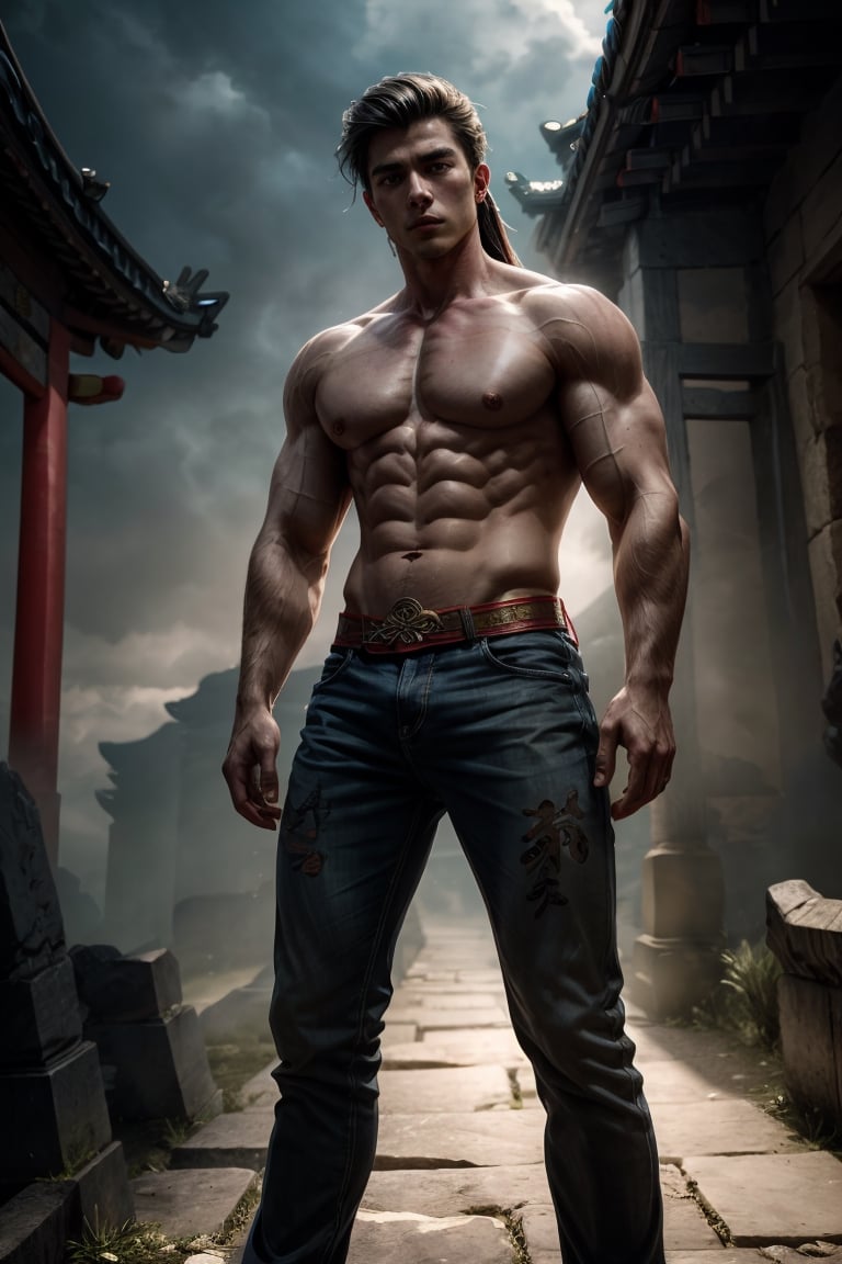 best quality, masterpiece,	(muscular European guy, 18year old:1.5),	(ancient Chinese theme:1.4), ancient Chinese Knight,	(body covered in words, words on body:0.5, tattoos of (words) on body:0.5), (a fine beard:0),	(a Cruel look:1.4),	cinematic lighting, ambient lighting, sidelighting, cinematic shot,	Full length view,	beautiful and aesthetic, vibrant color, Exquisite details and textures, cold tone, ultra realistic illustration,siena natural ratio, anime style, 	long Wave gray hair,	wearing a low-rise jeans,	ultra hd, realistic, vivid colors, highly detailed, UHD drawing, perfect composition, ultra hd, 8k, he has an inner glow, stunning, something that even doesn't exist, mythical being, energy, molecular, textures, iridescent and luminescent scales, breathtaking beauty, pure perfection, divine presence, unforgettable, impressive, breathtaking beauty, Volumetric light, auras, rays, vivid colors reflects.