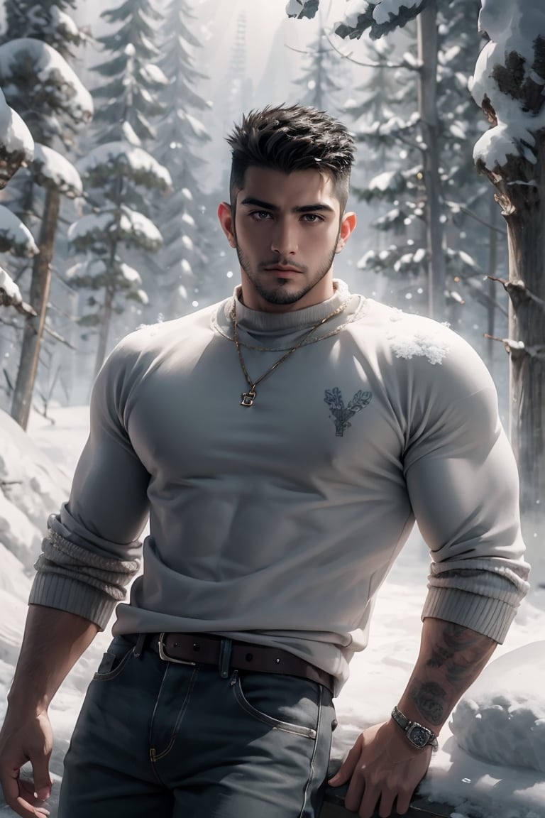 best quality, masterpiece,	(muscular Latino guy, 18year old:1.5),	(snow theme:1.4),	(body covered in words, words on body:0, tattoos of (words) on body:0), (a fine beard:0),	(a casual look:1.4),	16K, (HDR:1.4), high contrast, bokeh:1.2, lens flare,	random angles, random poses, 	beautiful and aesthetic, vibrant color, Exquisite details and textures, cold tone, ultra realistic illustration,siena natural ratio, anime style, 	Skinhead style, a lot of beard,	wearing a highneck long_sleeve knit sweater and jeans, 	ultra hd, realistic, vivid colors, highly detailed, UHD drawing, perfect composition, ultra hd, 8k, he has an inner glow, stunning, something that even doesn't exist, mythical being, energy, molecular, textures, iridescent and luminescent scales, breathtaking beauty, pure perfection, divine presence, unforgettable, impressive, breathtaking beauty, Volumetric light, auras, rays, vivid colors reflects.